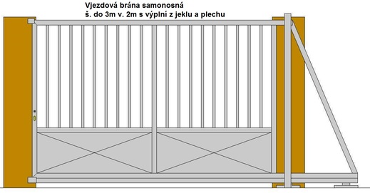 Vjezdová brána samonosná š. do 3m v. 2m s výplní z jeklu a plech