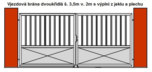 Vjezdová brána dvoukřídlá š. 3,5m v. 2m s výplní z jeklu a plech