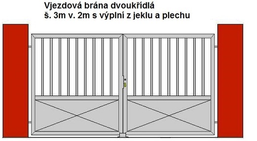Vjezdová brána dvoukřídlá š. 3m v. 2m s výplní z jeklu a plechu.