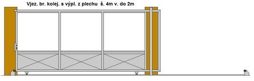 Vjezdová brána posuvná po kolej  š. do 4m v. 2m s výplní z plech
