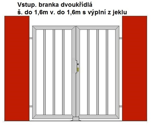 Vstup. branka dvoukřídlá š. do 1,6m v. do 1,6m s výplní z jeklu.