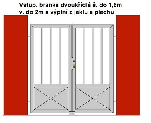Vstup. branka dvoukřídlá š. do 1,6m v. do 2m s výplní z jeklu a 