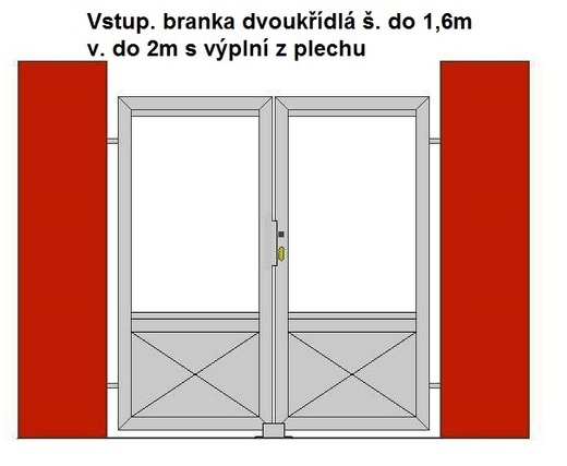Vstup. branka dvoukřídlá š. do 1,6m v. do 2m s výplní z plechu.j